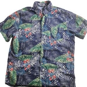 IZOD Saltwater Shirt Mens XL Blue Tropical Floral Short Sleeve Button Up Casual
